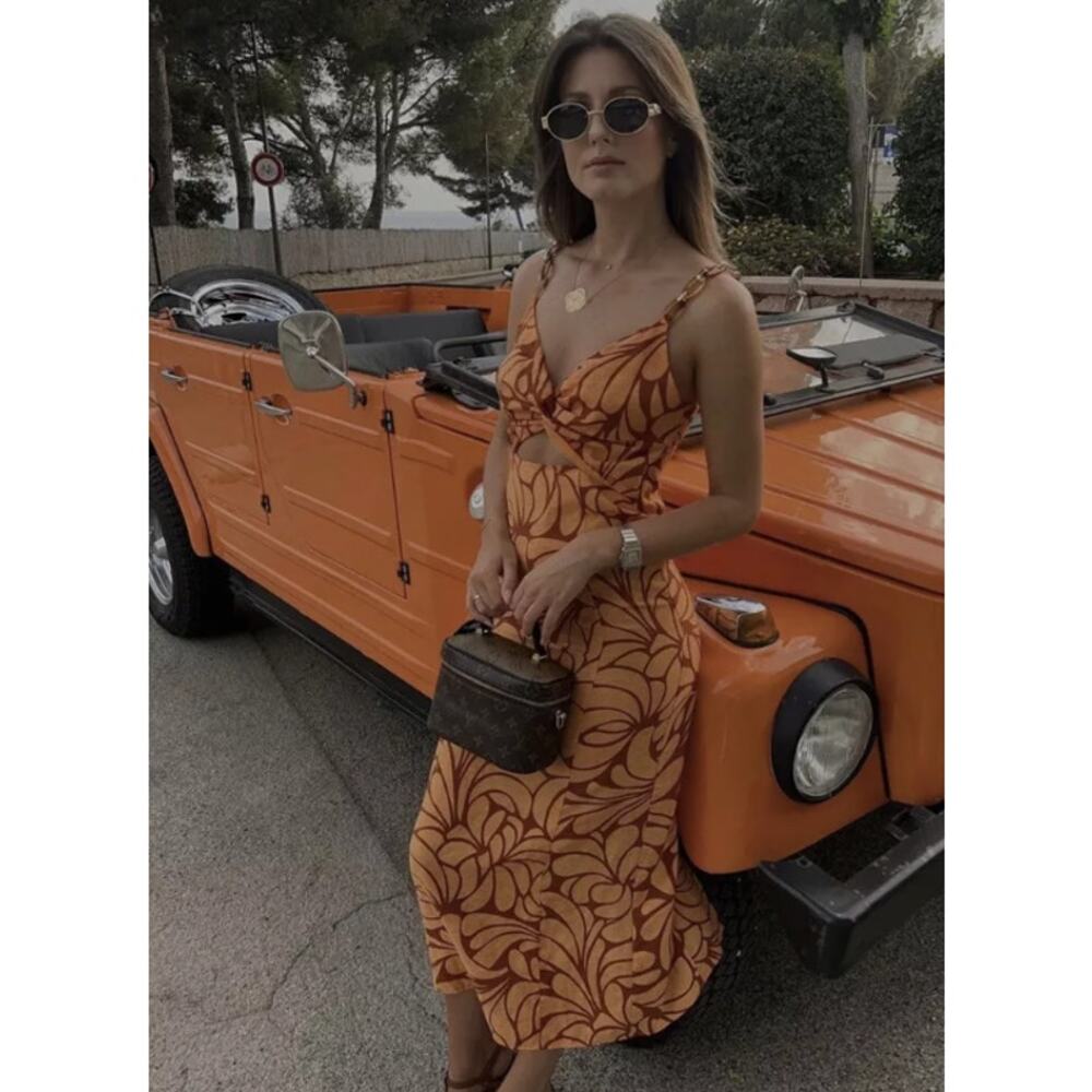 Zara Orange Patterned Midi Dress - Picture 4 of 14